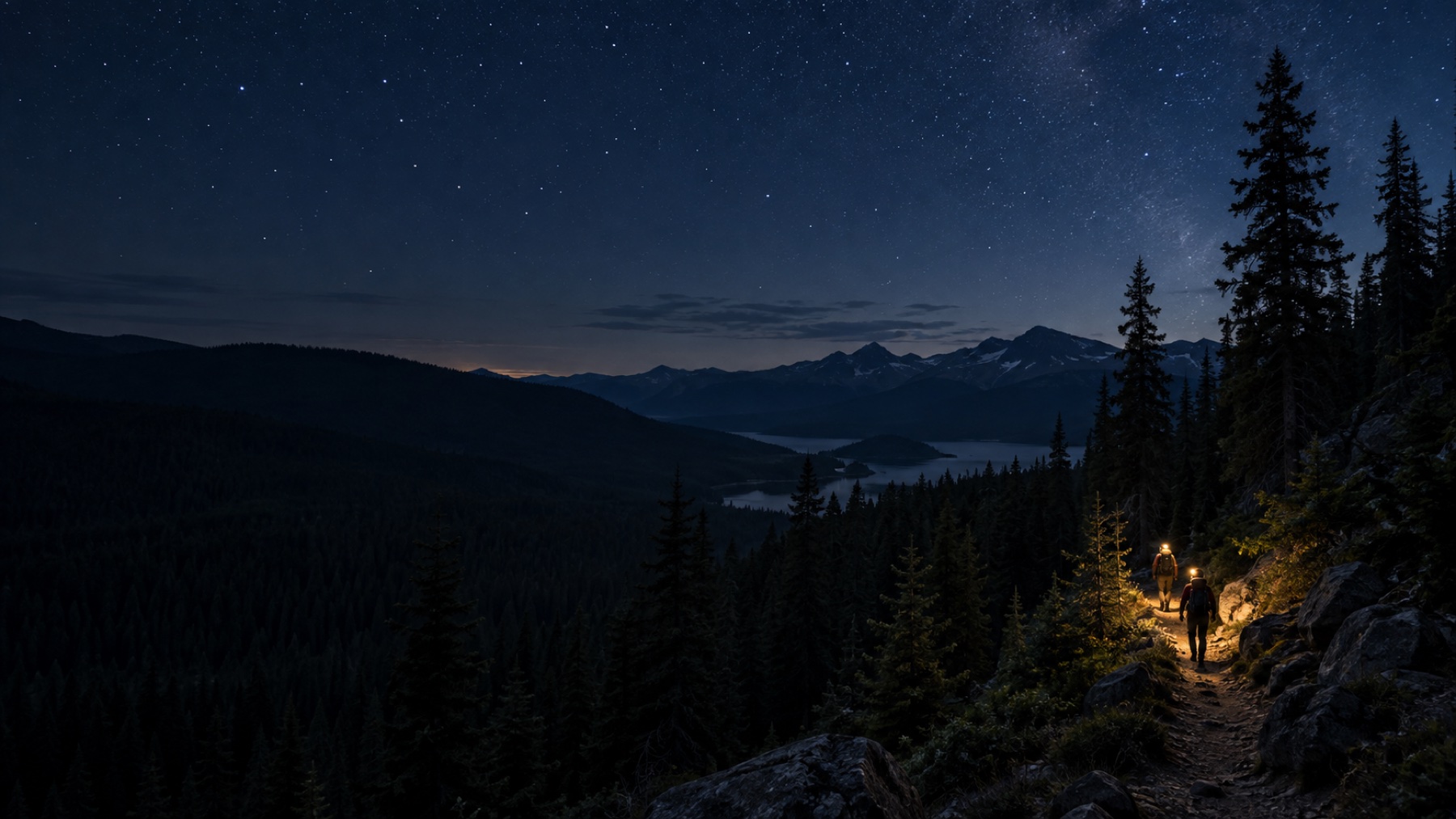 Two hikers follow a headlamp-lit trail beneath a starry sky; original atmospheric artwork